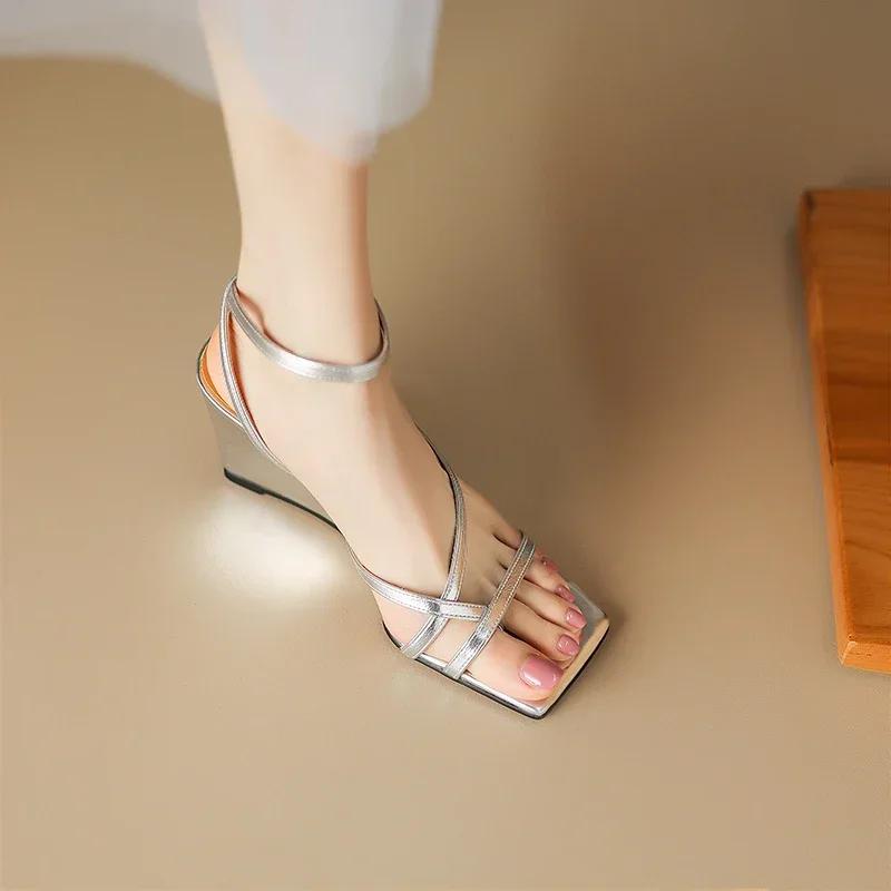 Fashion Women's Summer Wedge Sandals Solid Color Dress Shoes Women Fashion Square Toe Ankle Strap Sandals Women Sexy High Heel Sandalias
