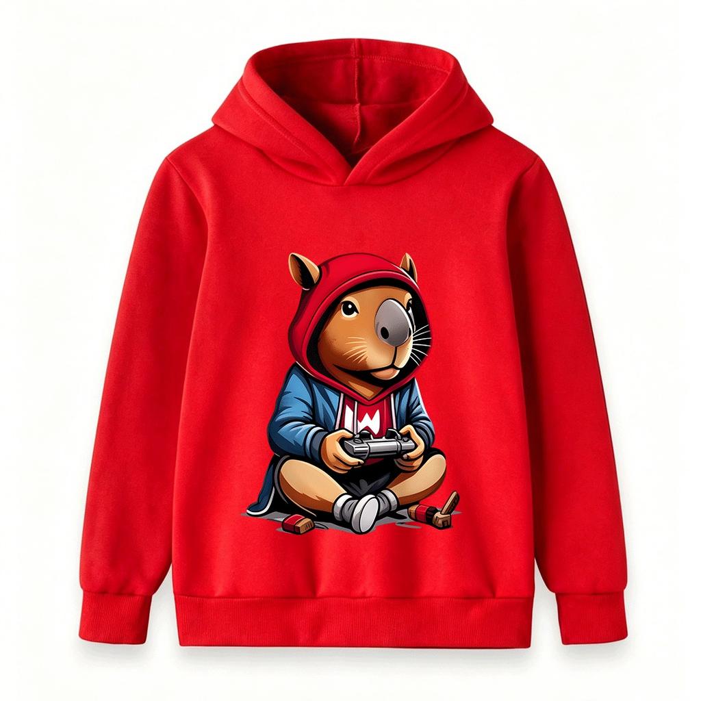 Kids Boys Girls Hoodie, Cute Gamer Capybara Print Casual Pullover Hooded Sweatshirt for Game Lovers Children Tops