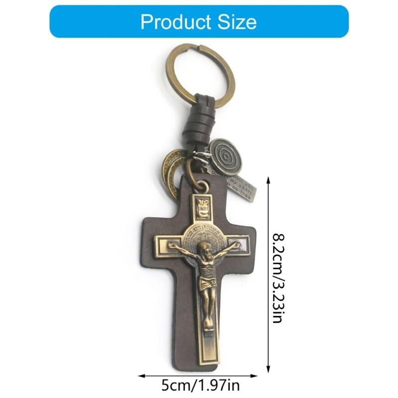 Unique Crucifix PU Leather Keychain Religious Key Ring Bag Pendant for Daily Use Trendy Punk Inspired Key Accessory