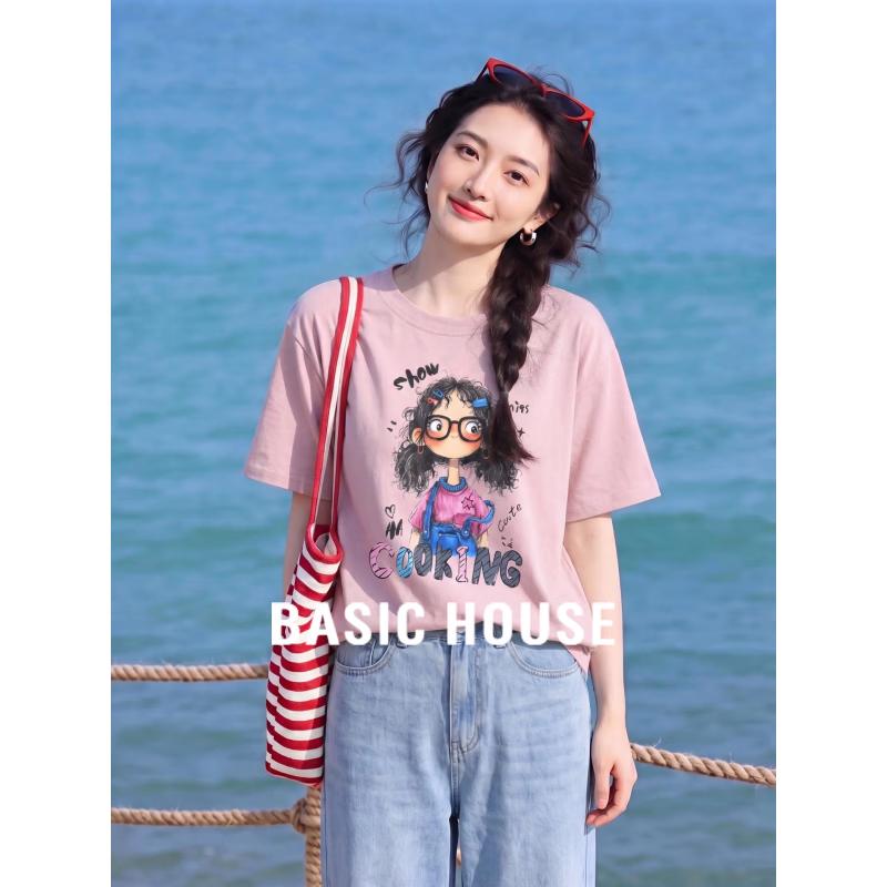 Basic House Women s Printed Round Neck Short Sleeve T-Shirt One Size