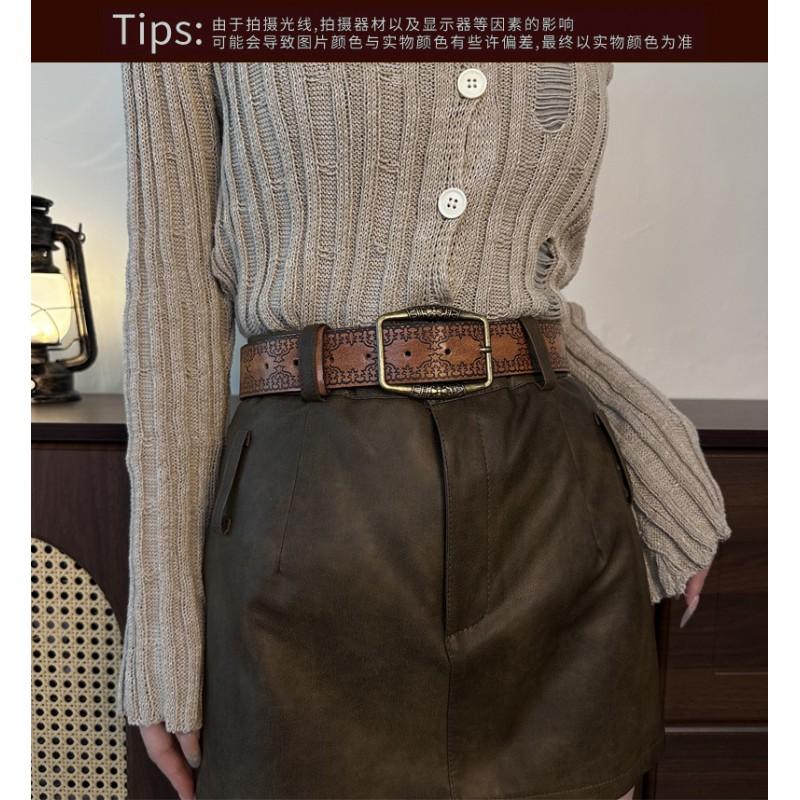 Vintage Brown Engraved Belt Womens Jeans Fashion Western Style Pin Buckle