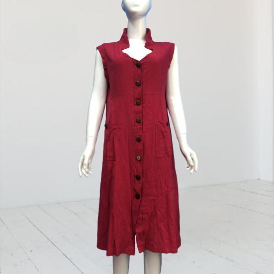 Summer Women Lapel V Neck Shirt Dress Sleeveless Single Breasted Pockets Solid Color Midi Dress Streetwear