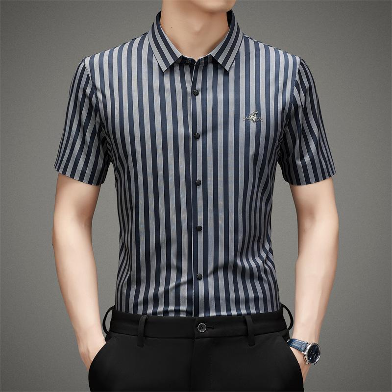 High Quality Trendy Men's Striped Lapel Short Sleeve Fashion Business Slim Bottoming Shirt