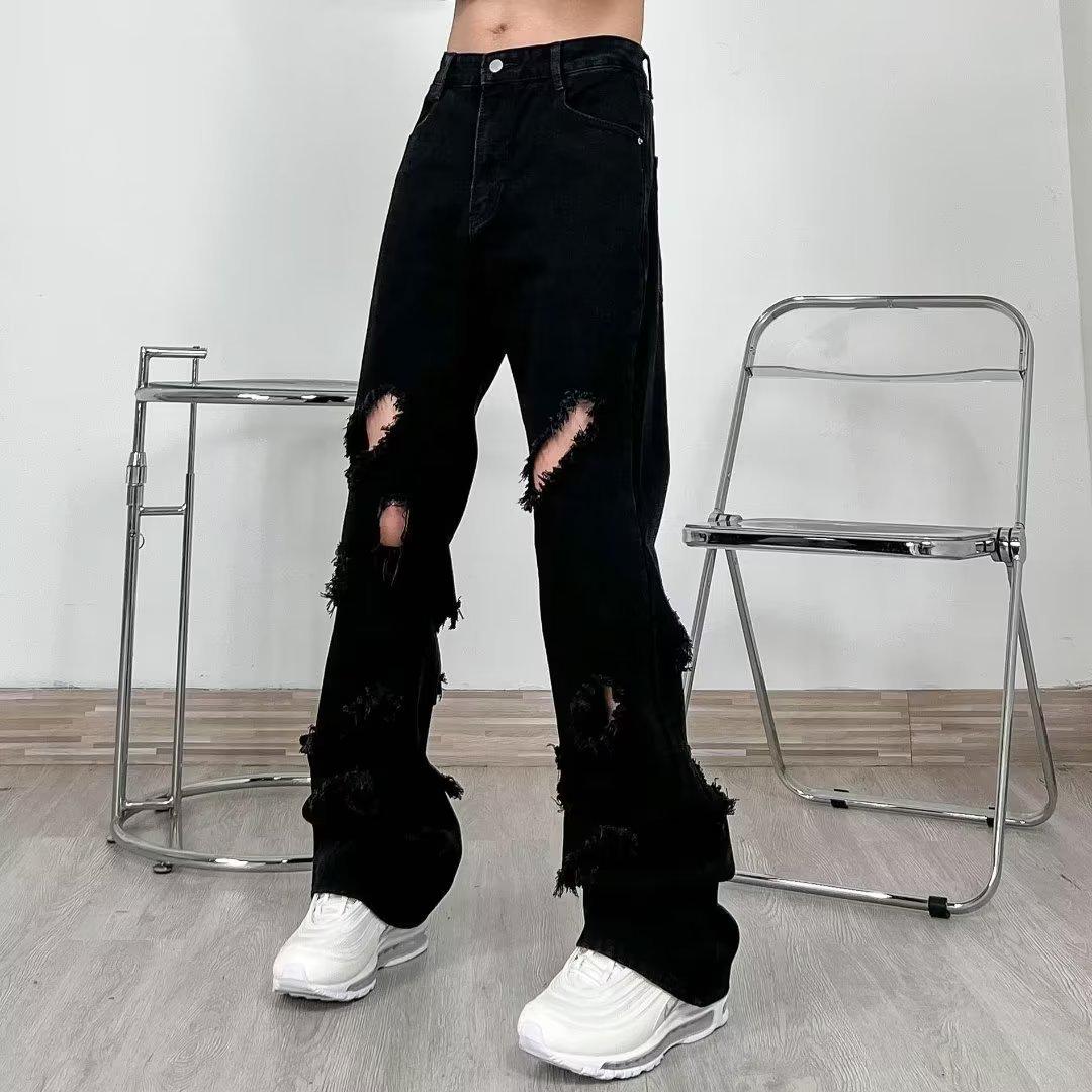 

Men s High-End Trendy Ripped Black Straight Leg Micro Flare Jeans XL чёрный