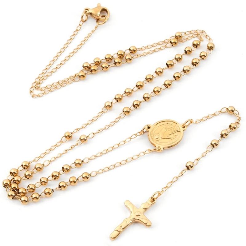 1pcs High Sense of Gold Fashion Stainless Steel Sweater Cross Beads Necklace Retro Pendant Light Luxury Niche Accessories