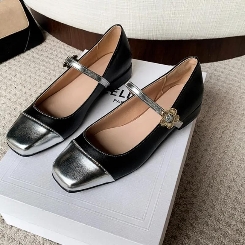 

Fashion Spring New Coarse Heel Shoes Women s Round Head Shallow Mouth Splicing Anti-slip Wear-resistant Single Shoes 42 чёрный