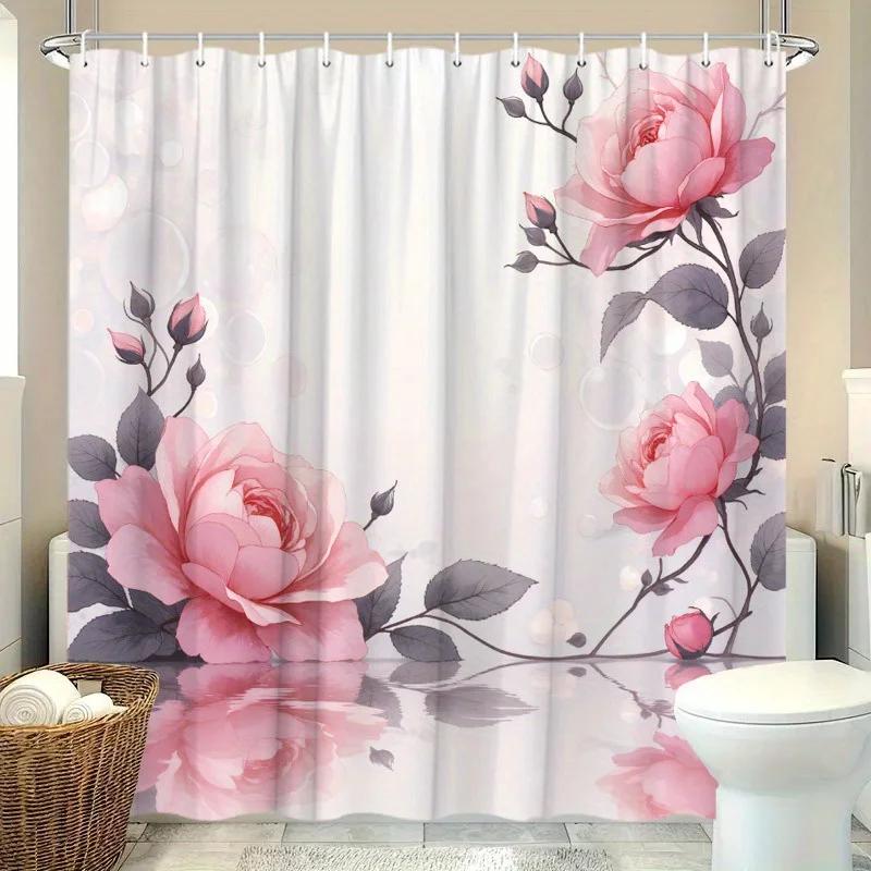 1Pc Rose Shower Curtain Pink Roses Black Vines Reflective Water Design Bathroom Decor With 12 Hooks 70.8X70.8Inch