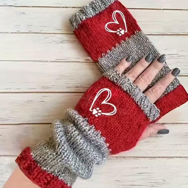 Gants en tricot sans doigts avec broderie de chat et patchwork, Gants décontractés ouverts aux doigts tendance pour femme, Mitaines chaudes d'hiver sans doigts