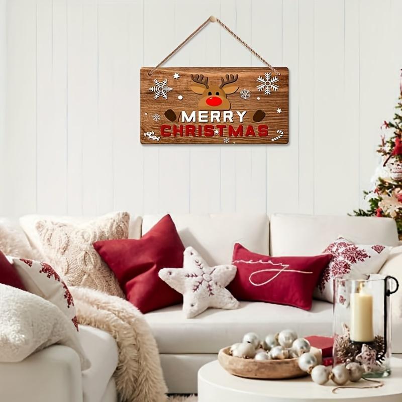 1pc 2D Flat, Rustic Christmas Sign - Merry Christmas Decoration with Red Lettering, Brown Background,Reindeer&Snowflakes