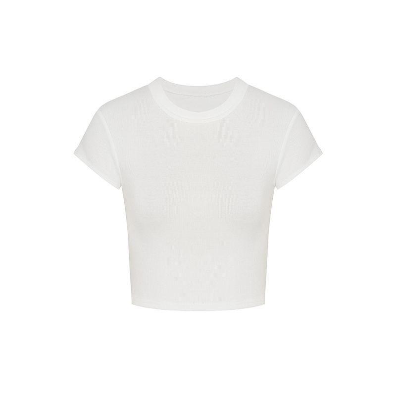 2026 Универсальная Черная Дерзкая Девушка Женская Укороченная Футболка с Коротким Рукавом Однотонная Облегающая M (up to 50kg) белый