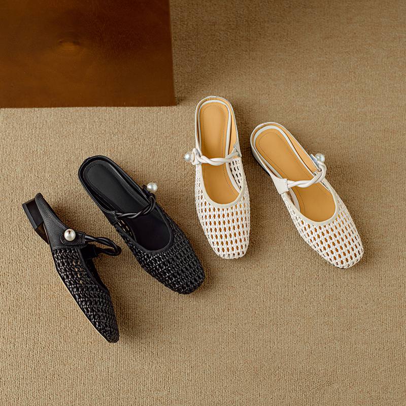 Krazing Pot Microfiber Mules Weaving Summer Size 41 Low Heels Pearl-studded Party Shoes Women Square Toe Gladiator Hollow Out Pumps