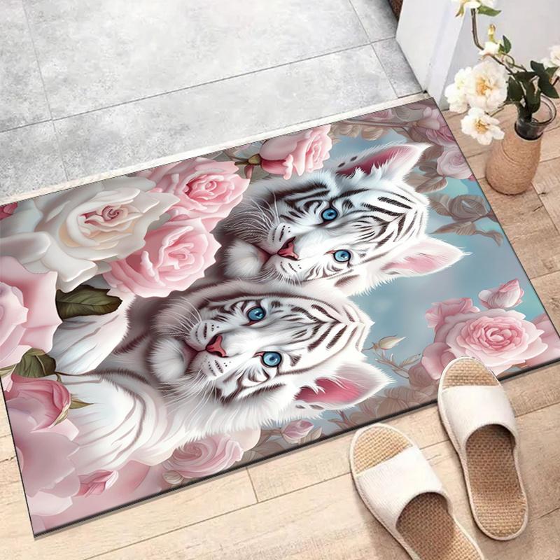 1Pcs White Tiger RosePattern Floor Mat Modern Kitchen polyester Rug Non-Slip Colorful Indoor Carpet, For Home Bathroom Bedroom Living Room Decor