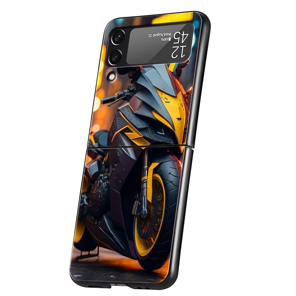 Motorcycle Hard PC Phone Case For Samsung Galaxy Z Flip 5 4 3 Black Cover For Galaxy Z Flip 6 Foldable Shockproof Cases Fundas