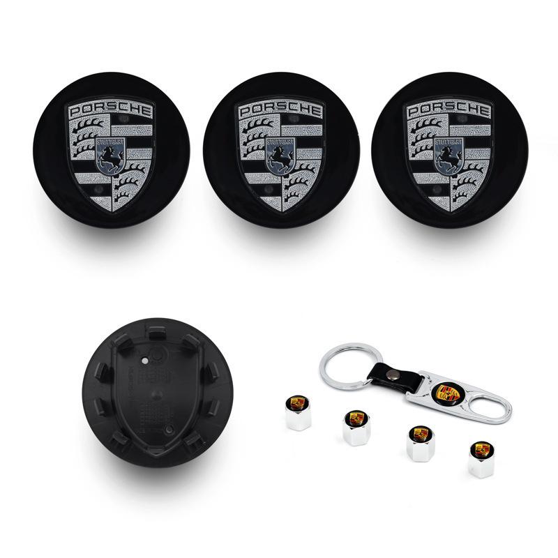 Compatible Porsche Wheel Hub Center Caps: 76mm & 65mm in Gloss Black, Bright Silver, Matte Silver, and Gray.