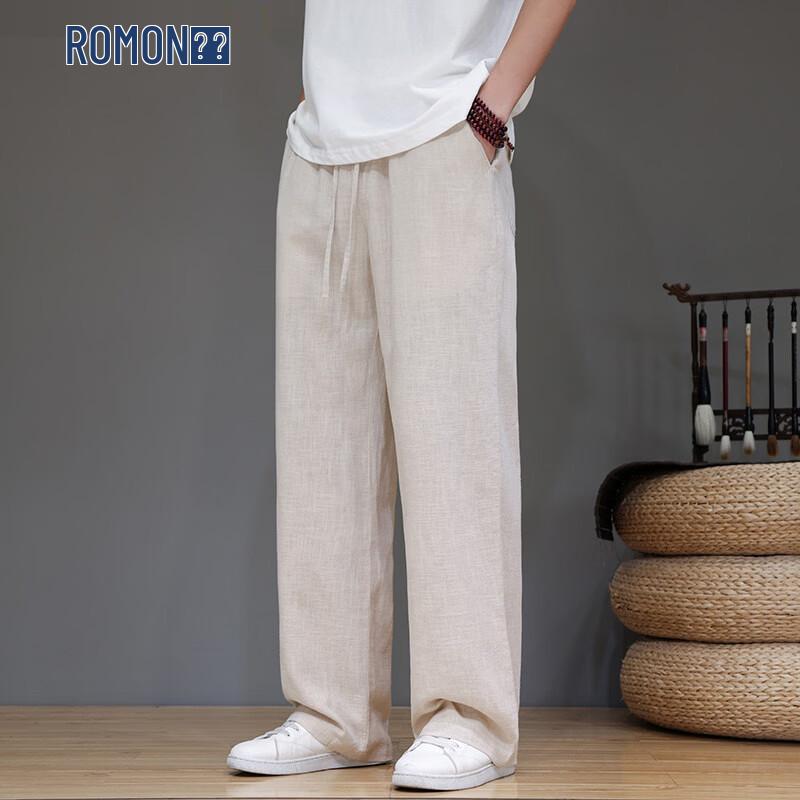 ROMON Men s Straight Loose Fit Ramie Blend Casual Pants XL