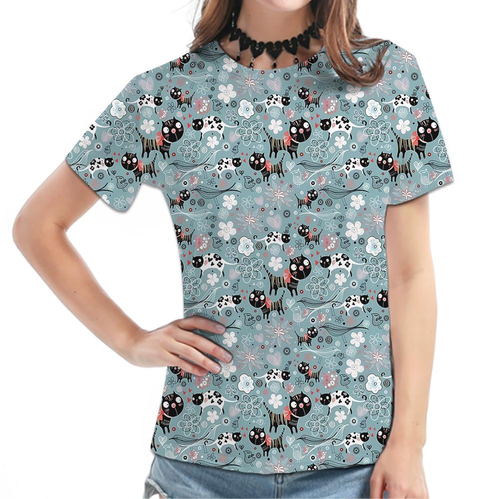 Women's Black Short-Sleeve Tee - Colorful Cat Pattern Graphic Print, Cute Animal All-Over Design Casual Top, Stylish Daily Wear