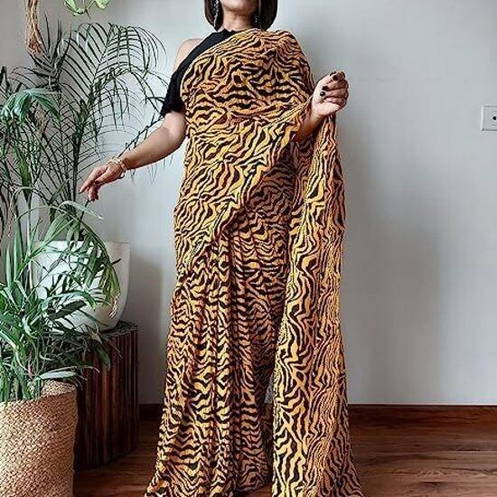 

Женское сари из чистого жоржета черного желтого цвета с блузкой