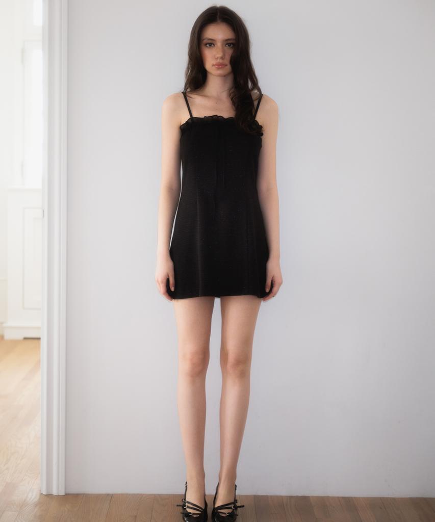 Rose Franz Tweed Ribbon Tie Mini Dress [Black]