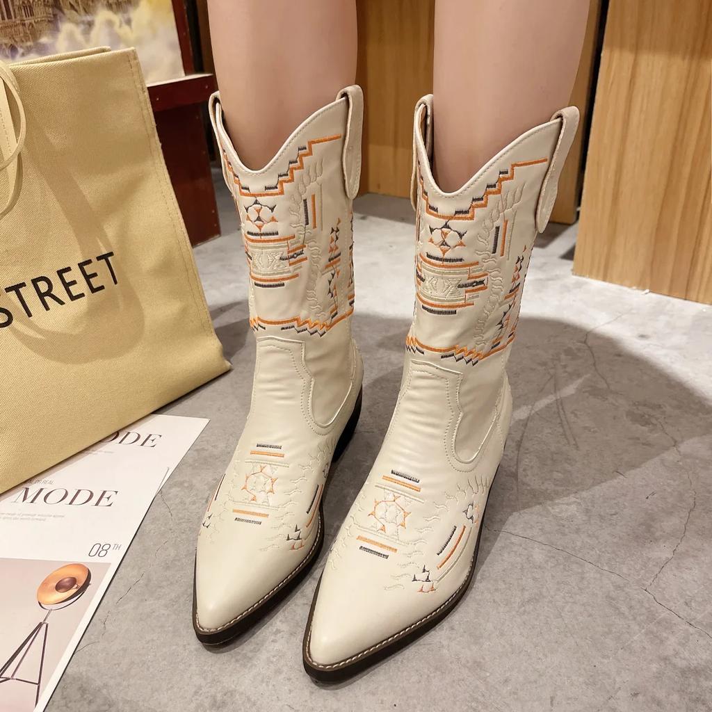 Womens Mid-calf Boots Fashion Pointed Casual Leather Boots Classic Embroidery Western Cowboy Boots Women Knight Boot Botas Mujer
