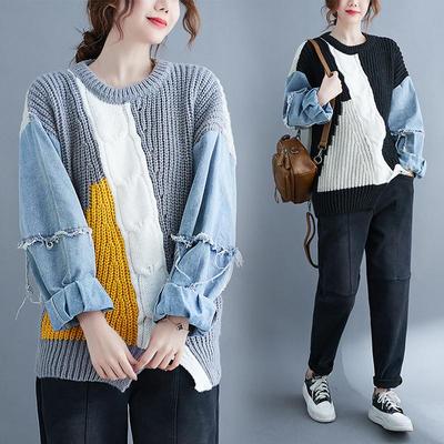 Jeseň Zima Tričko Oversize Ženy Svetre Denim Patchwork Pulóver s výstrihom Pletenie Základná modrá Móda Voľný sveter