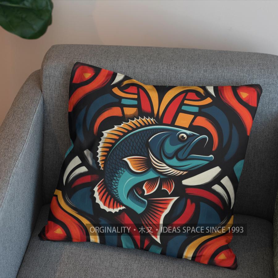 2D Colorful Fish With Geometric Pattern Pillow Cover Pattern Cushion Cover Suitable For Sofa Bedroom Car Pillow Cover