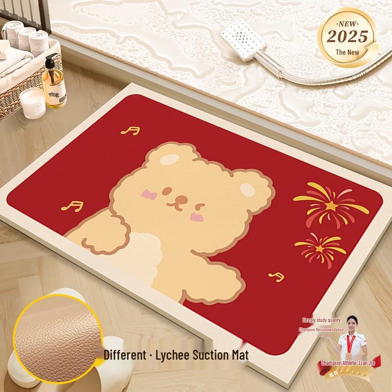 New Year Anti-Slip Red Bathroom Floor Mat - Quick-Drying, High Water Absorption