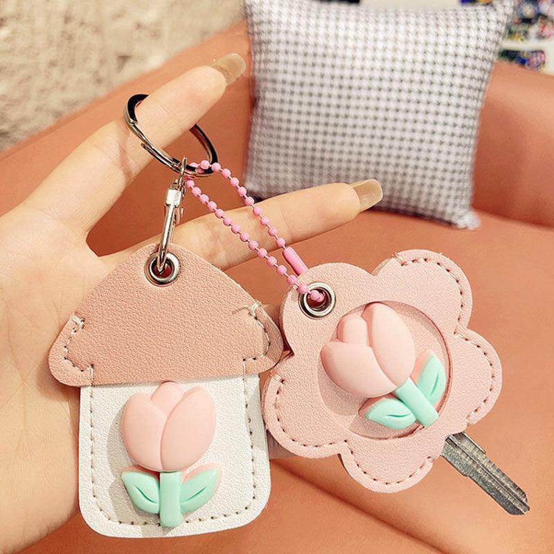 2PCS/Set Keyrings Convenient 3D Tulip Design Accessories Keychain Cute Access Card Holder Multi-Functional Multicolor