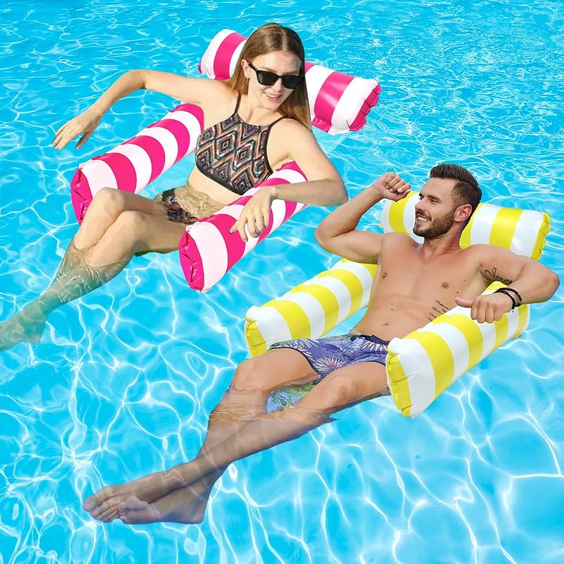 2 Pack Inflatable Pool Floats 4-in-1 Pool Hammock with Bottom Mesh 3 Tubes Inflatable Hammock for Adults,Portable Floating Chair Bed for Travel, Yellow+Pink