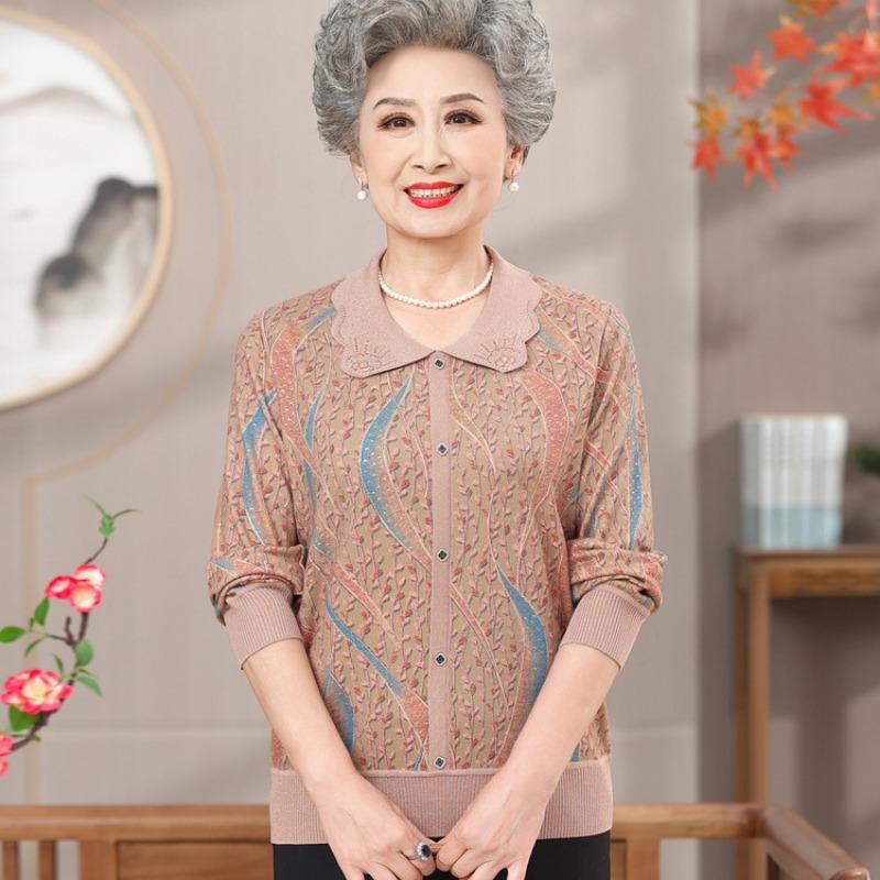 

Топ с длинным рукавом из летнего ледяного шелка для бабушки, новый летний топ с коротким рукавом для средних и пожилых, рубашка с лацканами для мамы, базовая рубашка 3XL (125-70 kg recommended) верблюд