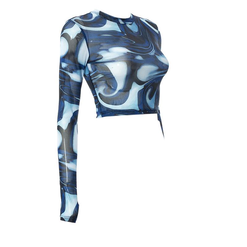 Sexy See Trough Crop Top Y2K Vintage grafický potisk Zelené síťové tričko s dlouhým rukávem Slim Fit tričko Dámské oblečení