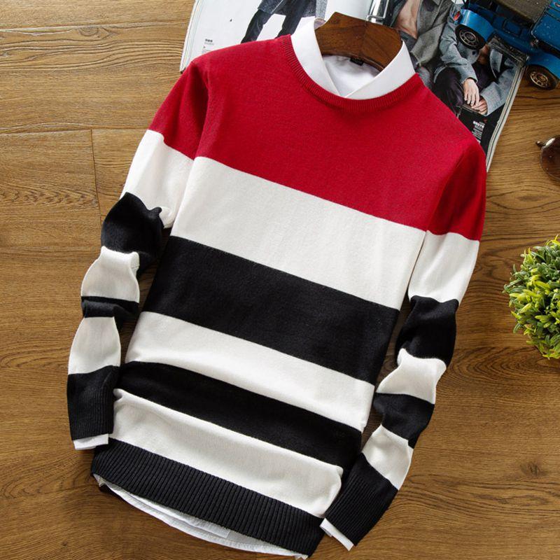 

Stylish Men s Casual Long Sleeve Loose Knitwear Pullover Tops For Every Season RedBlack,M