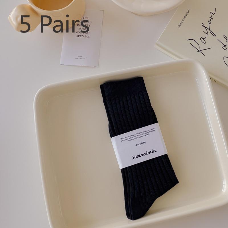 5 Pairs of Women's Spring and Autumn Trend 100 Match Sweat Absorption Solid Color Vertical Striped Mid Tube Socks