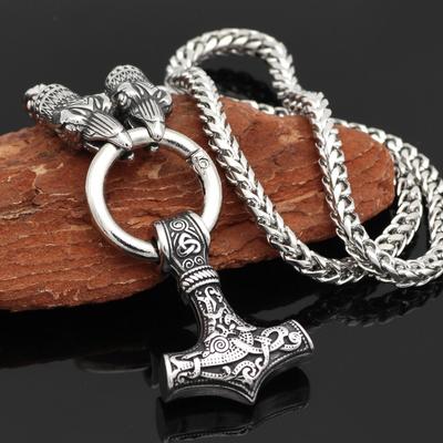 1pc Nordic Wolf Head Viking Necklace, Thor's Hammer Vintage Raven Head Men's Necklace For Jewelry Gift