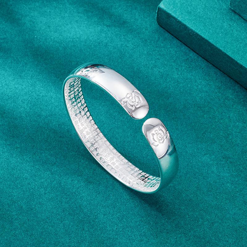 Classic S999 Sterling Silver Heart Sutra Bangle: Chinese Style Wide Open Bracelet for Women - Ideal Gift for Elders.