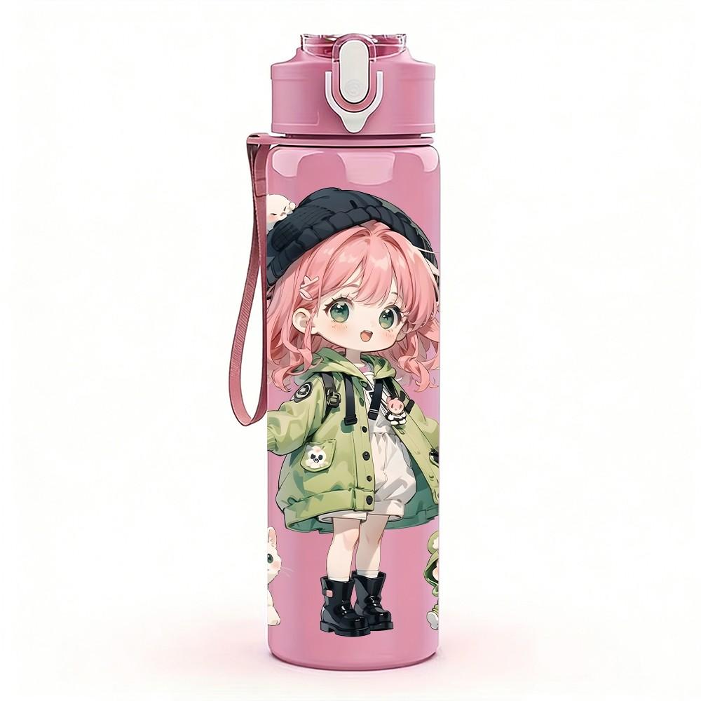 1PC Pink Hair Girl Green Raincoat Pattern 750ml Color Plastic Sports Water Bottle Leakproof Flip Straw Lid Suitable for Sports Office Home Use