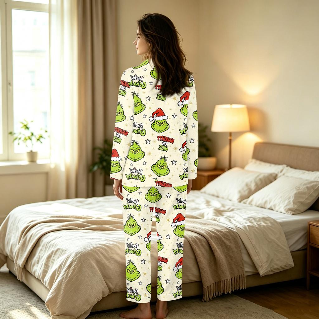 Women's Casual Long Sleeve Set with Pants, Holiday Print, Comfortable Loungewear for Home
