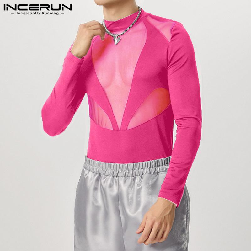 INCERUN Men Long Sleeve Mesh Sheer Patchwork Bodysuits See Through Club Playsuits