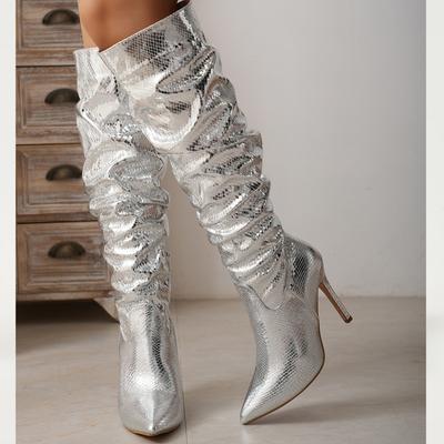 Fashion Silver Women Knee High Boots Sexy Pointed Toe Thin Heels Ladies Long Side Zipper Female Shoes