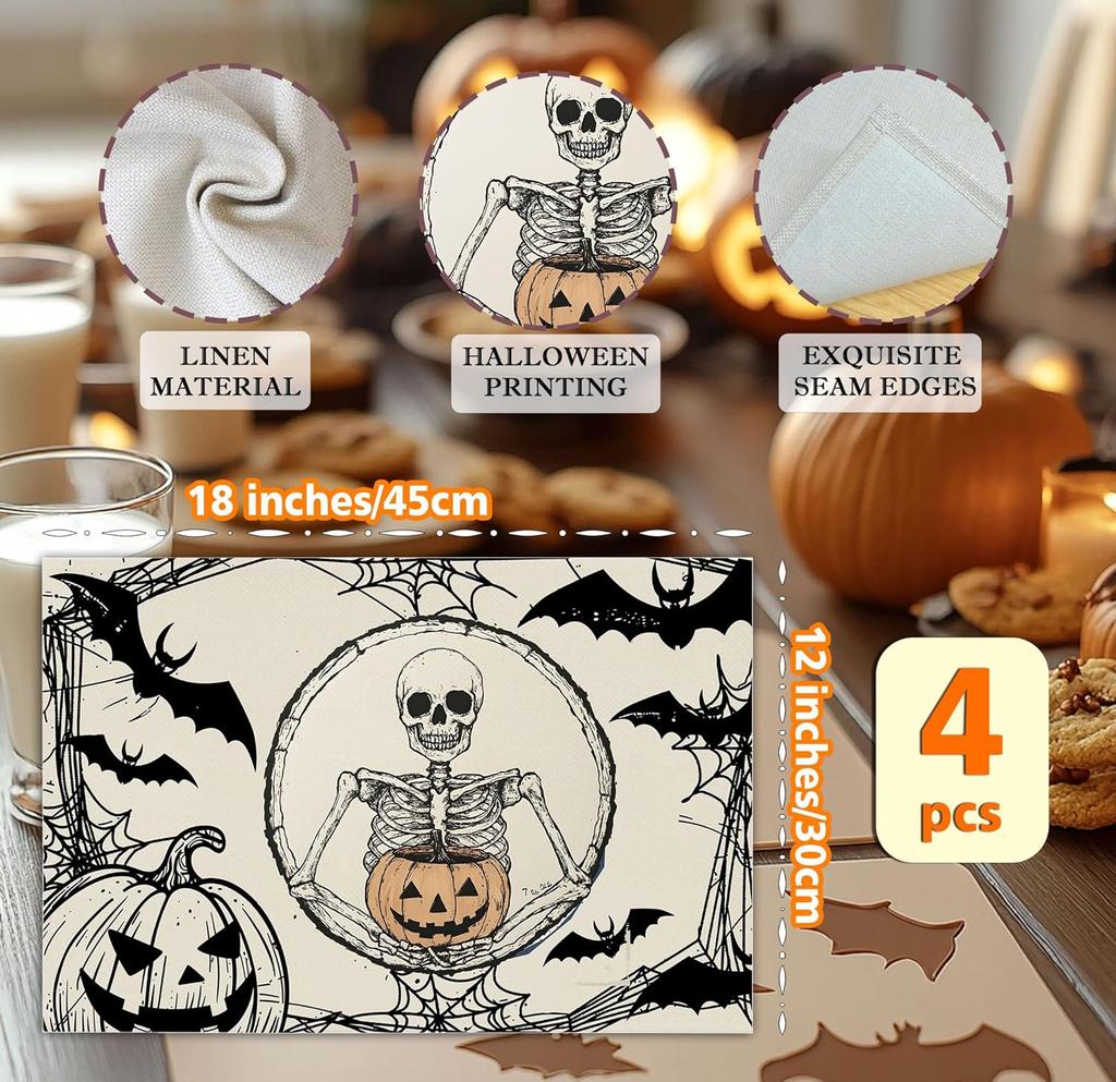 Halloween Skeleton Placemats Set of 4, 12x18 Inch Pumpkin Bats Table Mats, Washable Heat Resistant Place Mats for Kitchen