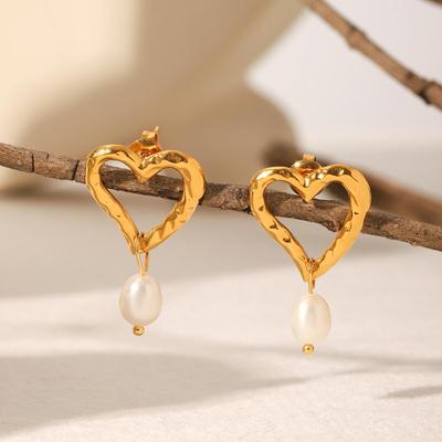 18k Gold Pearl & Heart Drop Earrings: Luxurious French Design In Stainless Steel