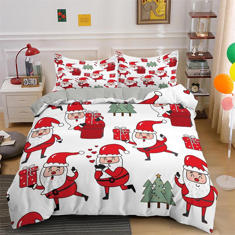 3D God Jul Kung Drottning Sängklädesset Barn Tecknad Jultomte Snögubbe Ren Täcköver XMAS Påslakan Polyester Quiltöverdrag