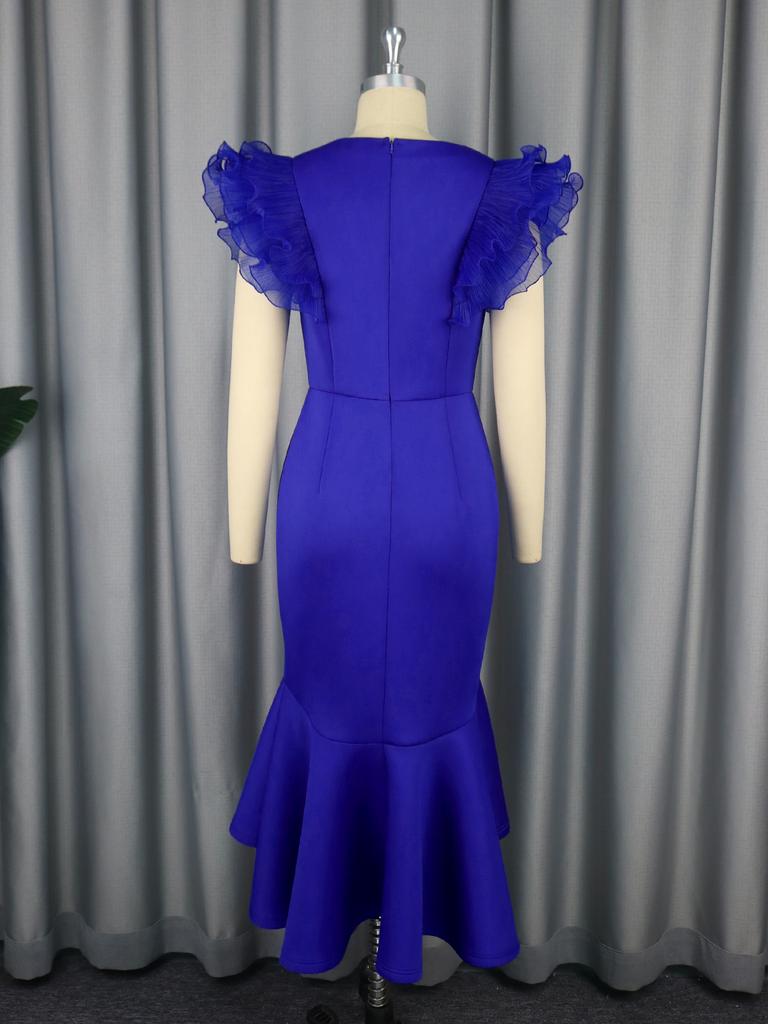 Blue Bodycon Dresses for Women V Neck Mesh Patchwork Flying Sleeve Mermaid Fashion Celebrity Birthday Dinner Occasion Midi Gowns