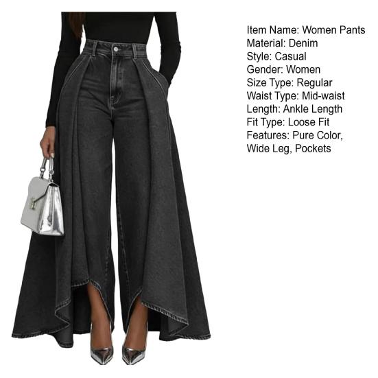 Women Pants High Waist Buttons Zipper Closure Denim Pants with Pockets Irregular Large Hem Wide Leg Solid Color Casual