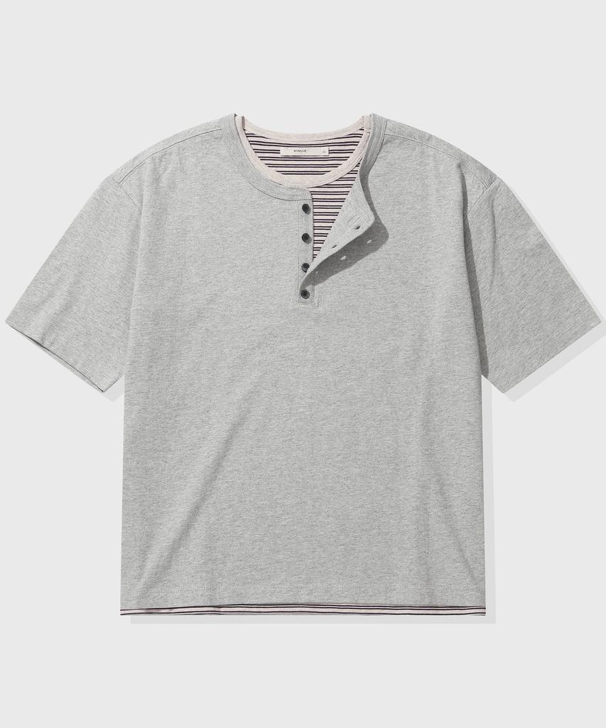 KIIMUIR [Crop] Striped Layered Henley Neck Short Sleeve T-Shirt_Melange Gray