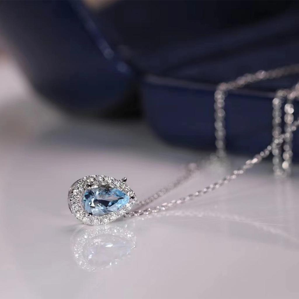 Frisch und funkelnd Aquamarin-Halskette für Damen Elegant Hellblau Wassertropfen-Anhänger Gliederkette Hochzeitsschmuck