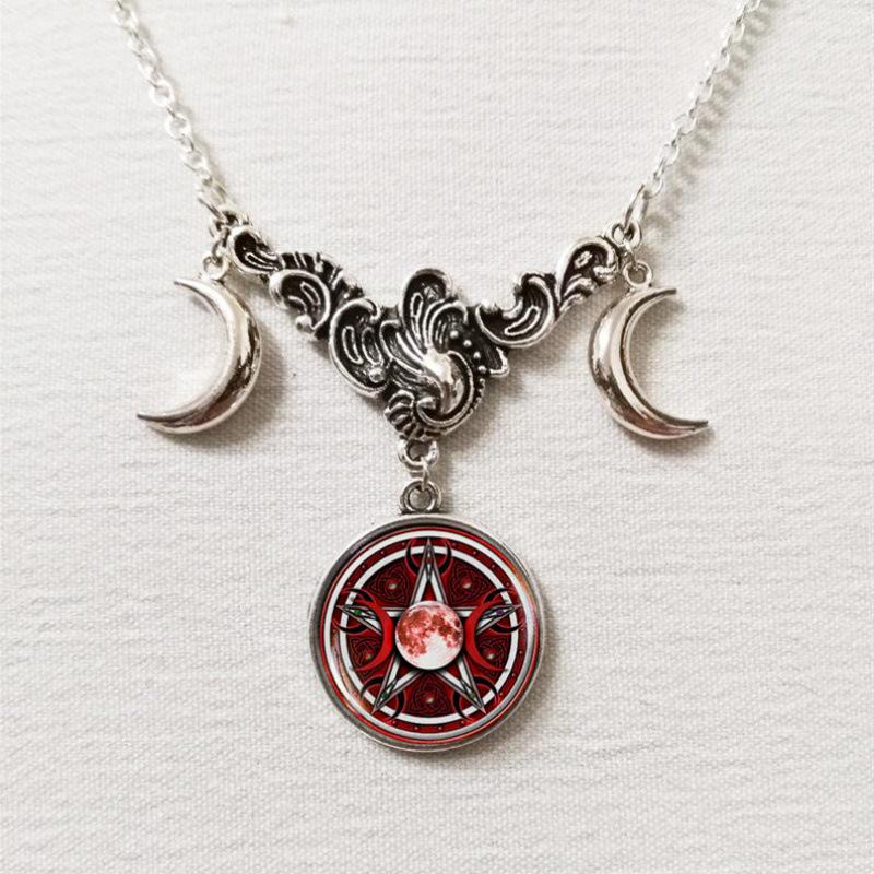 Triple Moon Silver Necklace with Full Moon and Crescent Pendant