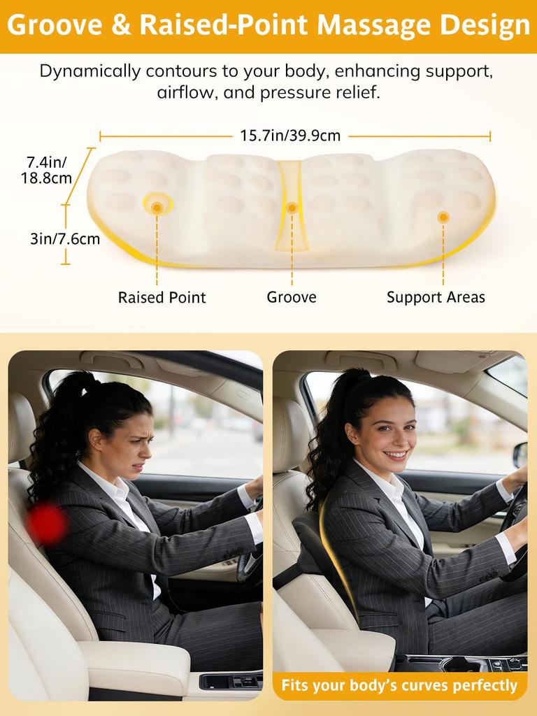 Adjustable Car Seat Lumbar Support Dual Strap Memory Foam Back and Lumbar Support Cushion with Convex Dot Design and Removable Cover for Driving