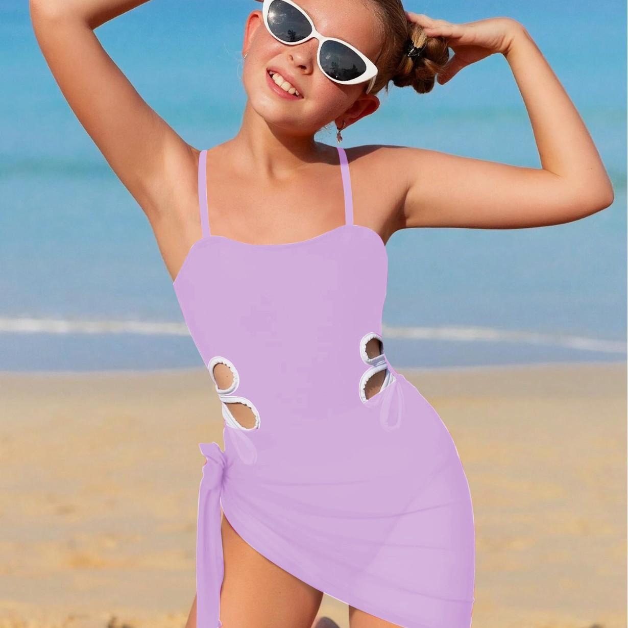 T-fengxinzi Zomerbadpak voor Meisjes Kinderen Eendelig Badpak met Hol Ontwerp Brede Bandjes voor 7-16 Jaar Oudere Jongeren Strandkleding 130 lichtpaarse kleur