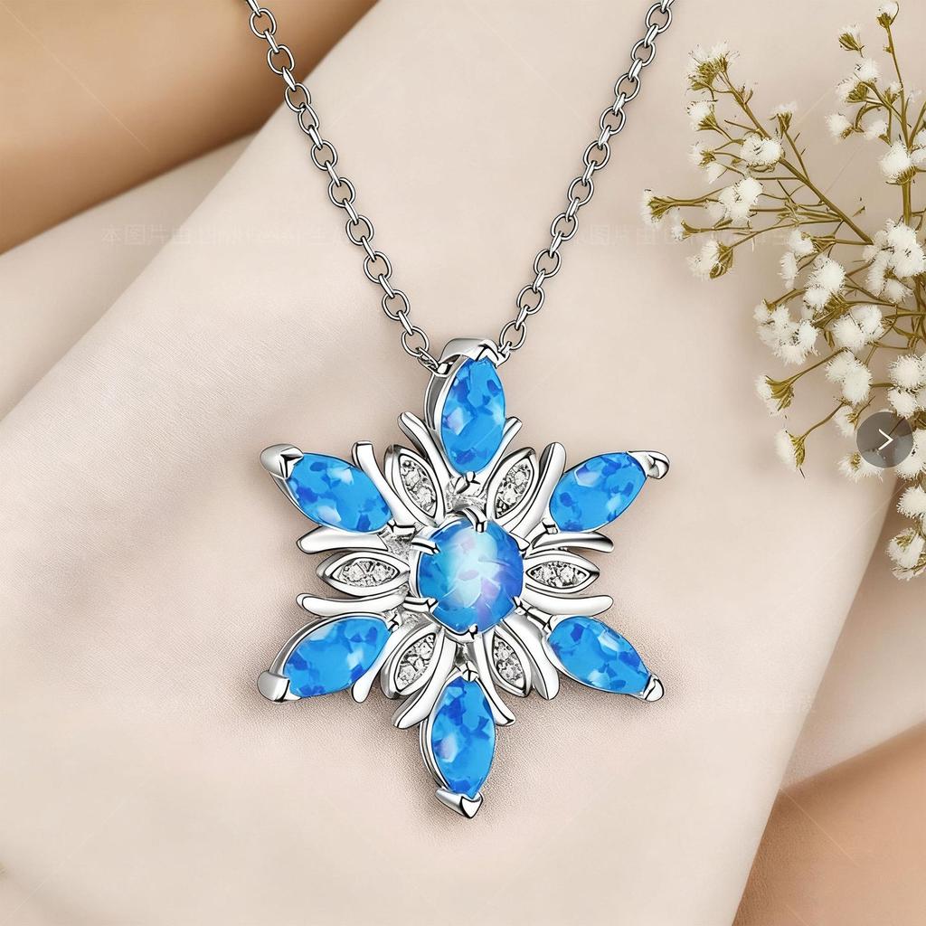 Snowflake Pendant Necklace - Imitation Opal Fashion Accessory for Christmas Parties