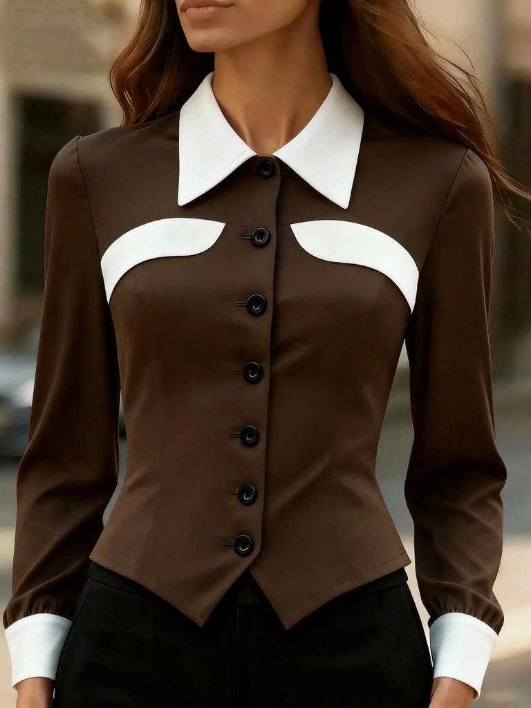 European 2025 Fashion Slimming Color Block Long Sleeve Women's Shirt